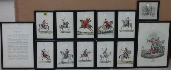 French School (19th century), Archers on horseback, a set of ten engravings with hand colouring, together with three further, (13).  G1