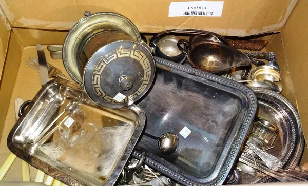 Silver plated wares, including; entree dishes, flatware, a biscuit barrel and sundry, (qty). S3
