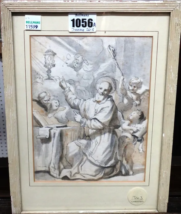 Manner of Domenico Piola, Saint with cherubs, pen, ink and grey wash, 19cm x 14cm.
