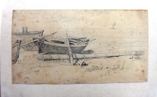 Attributed to John Sell Cotman (1782-1842), An Ecclesiastic; Beached boat, two pencil drawings, both unframed, the larger 20cm x 15cm.(2)    Provenanc