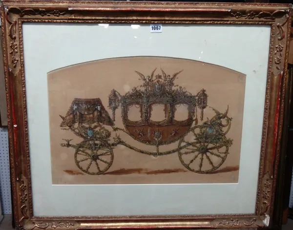 French School (19th century), Design for a coach for Napoleon, watercolour, indistinctly signed, arched top, 36cm x 54cm.