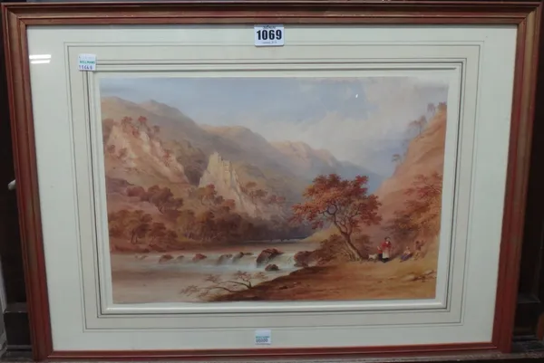 Charles Frederick Buckley (1812-1859), Rocky river scene with figures, watercolour, 25cm x 37.5cm.