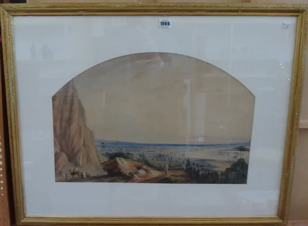 Circle of John Varley, Figures on the edge of a plain, watercolour, arched top, 38cm x 56cm.; together with two further watercolours of North African