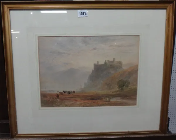 English School (19th century), Cattle and drover in a landscape, a castle beyond, watercolour, 25cm x 35cm.