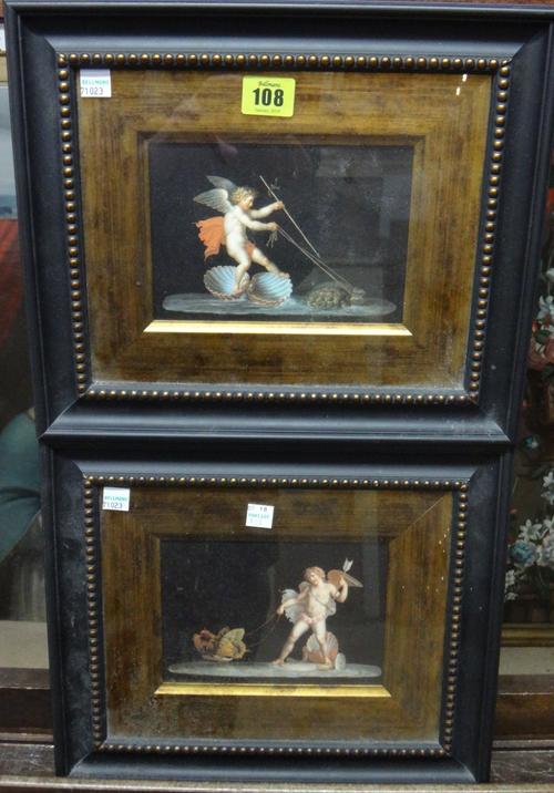 After Michelangelo Maestri, Cherub with turtles, Cupid with butterfly, a pair, reproduction prints, each 11cm x 16cm.(2)   H1