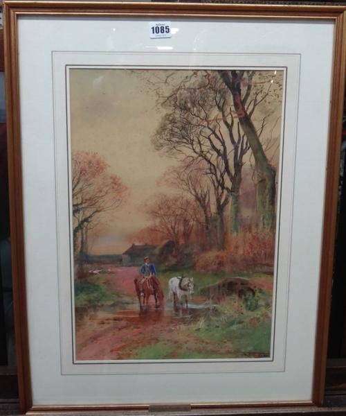 Henry Charles Fox (1855-1929), Crossing the ford, watercolour, signed, 46cm x 31cm.