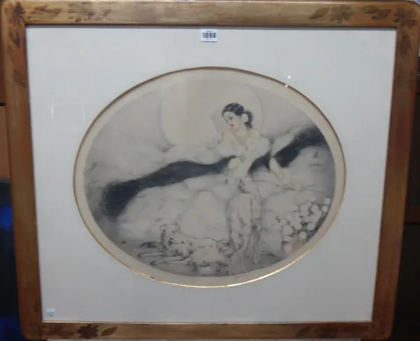 Louis Icart (1888-1950), Lady with dogs; Lady with a dog, two colour etchings, oval, both signed, the larger 42cm x 52cm.(2) DDS