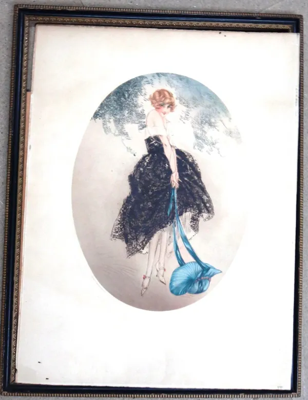After Louis Icart, Le Bonnet Bleu, colour etching, oval, 42cm x 32cm.