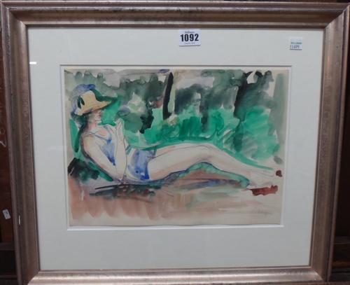 Manner of Henri Lebasque, Femme Lisant, watercolour over pencil, bears a signature, 23.5cm x 32cm.