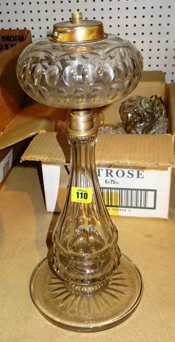 A Victorian glass oil lamp base, and a pair of brass two branch wall lights with glass drops, (a.f) (3). S4