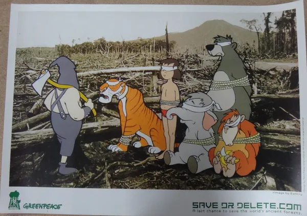 After Banksy, Save or delete.com, Greenpeace poster, unframed, together with a sheet of eight stickers depicting the same image, depicting JUngle Book
