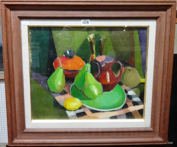 Tison Klein (20th century), Still life of pears, lemon and pottery, oil on canvas laid on board, signed, 37cm x 44cm.