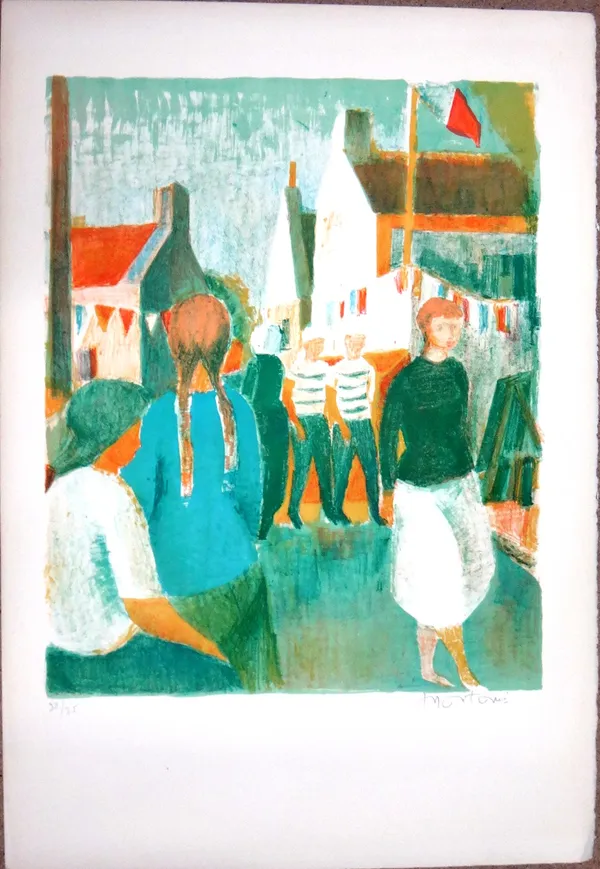 ** Montane (20th century), Figures in a street, a group of eighteen duplicate lithographs, all signed and numbered from an edition of 75, each 49.5cm