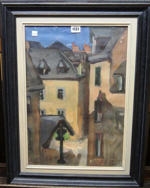 Attributed to Serge Poliakoff (1906-1969), St Malo, oil on paper, bears signature and inscription FOR TONY & BABY, from Serge Poliakoff, St Malo, 50cm