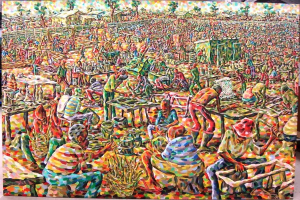 Lovemore Kambudzi (b.1978), Magaba working place, oil on canvas, signed and dated 2007, 142cm x 214cm.