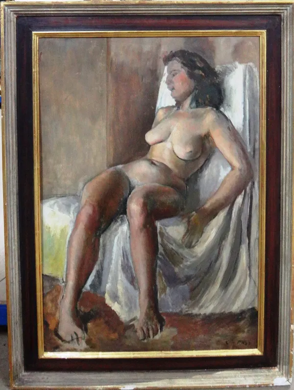 British School (20th century), Seated female nude, oil on board, bears a signature, 78cm x 53cm.