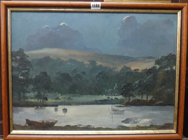 Hugh E. Ridge (d.1976), Estuary scene; Lake scene; Landscapes, a group of four, oil on canvas, all signed, the largest 40cm x 56cm.(4) DDS