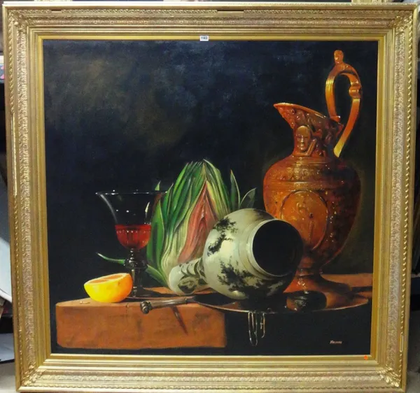 Paul Karslake (b.1958), Still life of Pitcher, pottery, lemon and wine glass, oil on canvas, signed, 125cm x 127cm. DDS