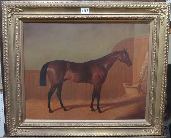 English School (20th century), A Chestnut horse in a stable interior, oil on canvas, 39cm x 50cm.