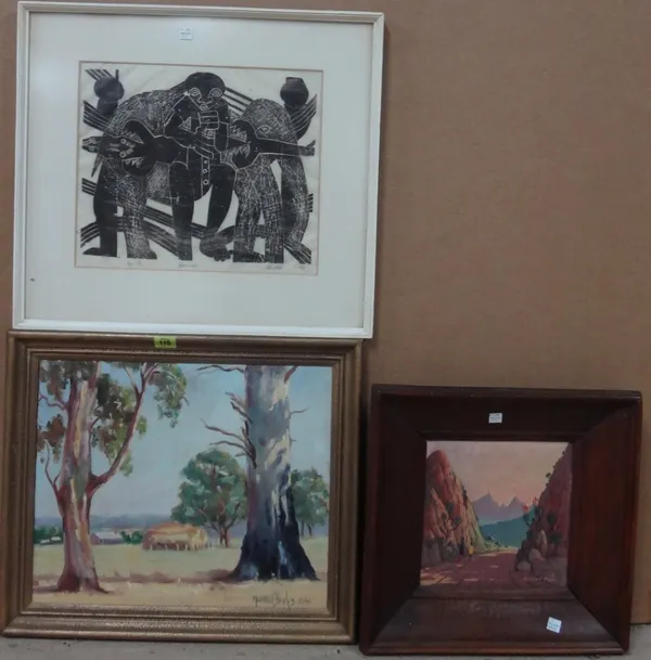 An Australian landscape by Marshall Hughes; a South African view by Robert Pohl, and a woodblock print by Isaac Nkoana, (3).  H1