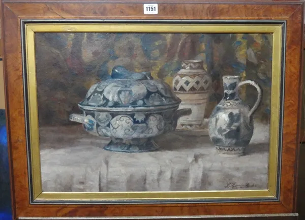 Leon Garraud (1877-1961), Still life of Delftware, oil on board, with a portrait verso, signed and dated '31, 38cm x 55cm.; together with a further st