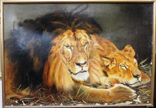 H. C. B. Goss, after Geza Vastagh, Lions in Repose, oil on canvas, signed, 48cm x 70cm.
