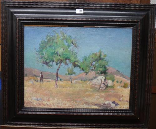 Attributed to Victor Alfred Paul Vignon (French, 1847-1909), Summer landscape, oil on canvasboard, bears a signature and date 1887 on reverse, 37cm x