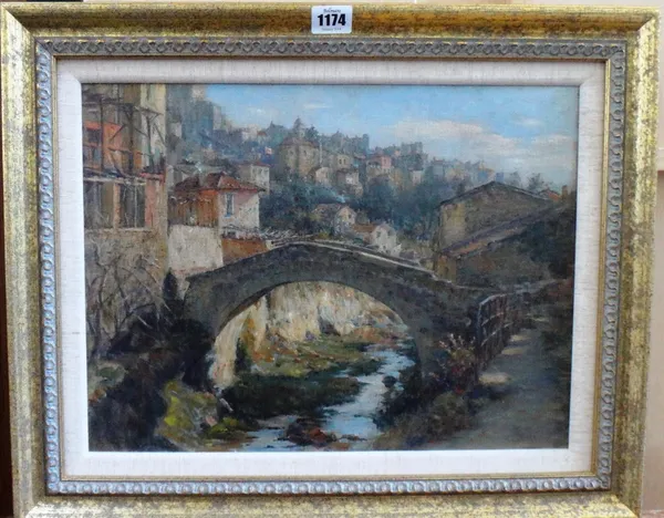Robert Edward Morrison (1852-1925), View of a bridge before a hillside town, oil on canvas, signed, 30cm x 40cm.