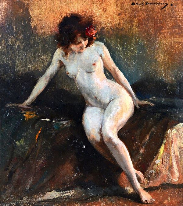 Allan Douglas Davidson (1873-1932), Female nude, oil on board, signed, 25cm x 21.5cm.  Illustrated
