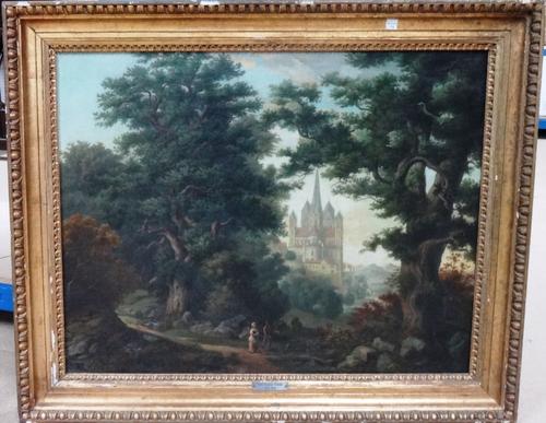 Circle of Emil Theodor Richter, Travellers in a wooded landscape, a Schloss beyond, oil on canvas, 56cm x 72cm.