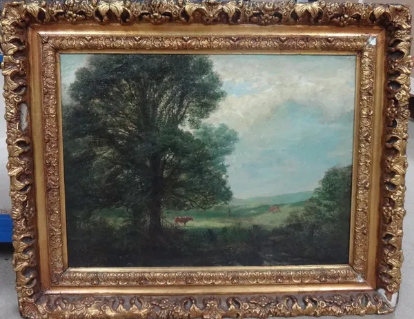 English School (19th century), Wooded landscape with cattle grazing, oil on canvas, 39cm x 53cm.