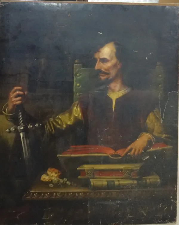 Continental School (19th century), A man seated at a desk with books and sword, oil on canvas, unframed, 125cm x 101cm.Footnote: the figure possibly M