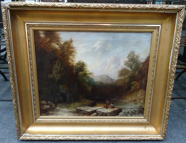 English School (19th century), Figures on the bank of a river, oil on canvas, bears a later signature, 41cm x 51.5cm.