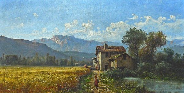 Charles Euphrasie Kuwasseg (1838-1904), A figure on a path by a cornfield, oil on panel, 27cm x 51cm.  Illustrated