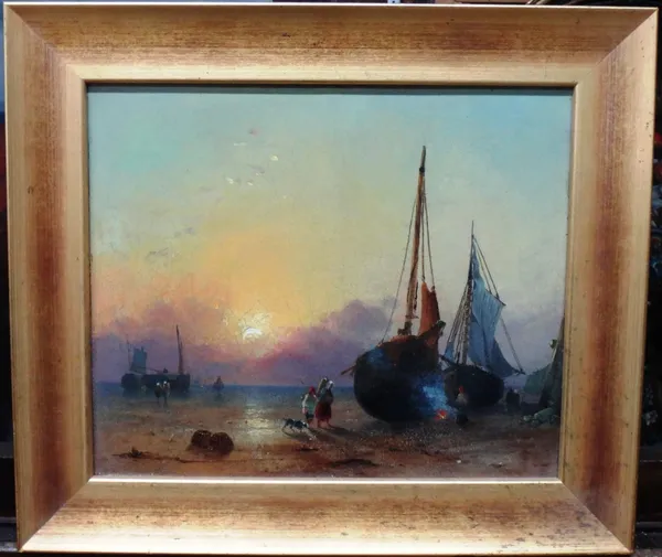 Attributed to James Baker Pyne (1800-1870), Figures and beached boats at sunset, oil on canvas, 24.5cm x 29cm.