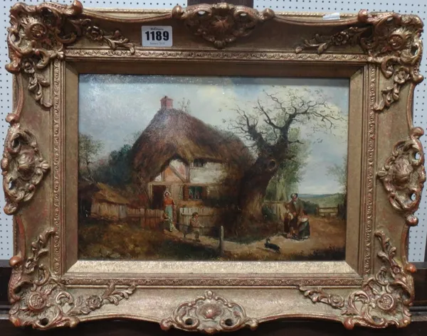 English School (19th century), Outside the cottage, oil on board, 20cm x 29cm.