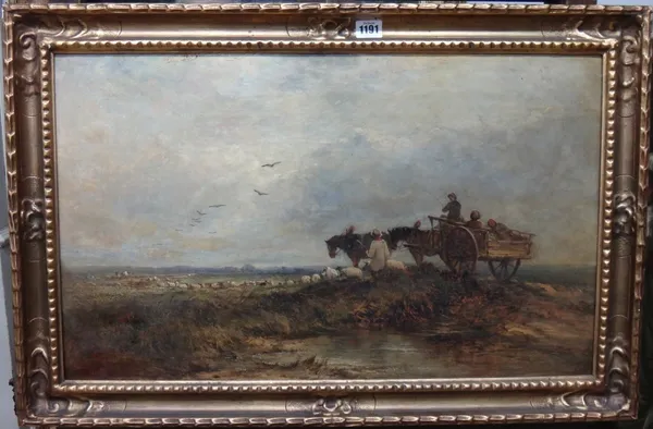 Follower of David Cox, A shepherd conversing with figures in a cart, oil on canvas, 39cm x 66cm.