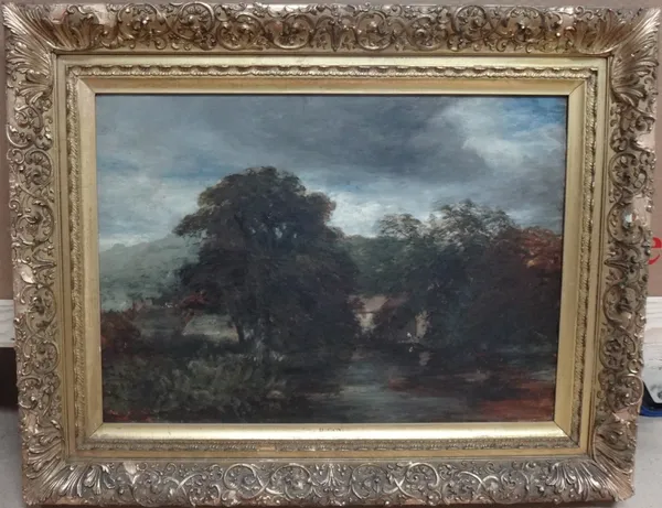Follower of David Cox, Wooded river scene, oil on canvas, 44cm x 62cm.