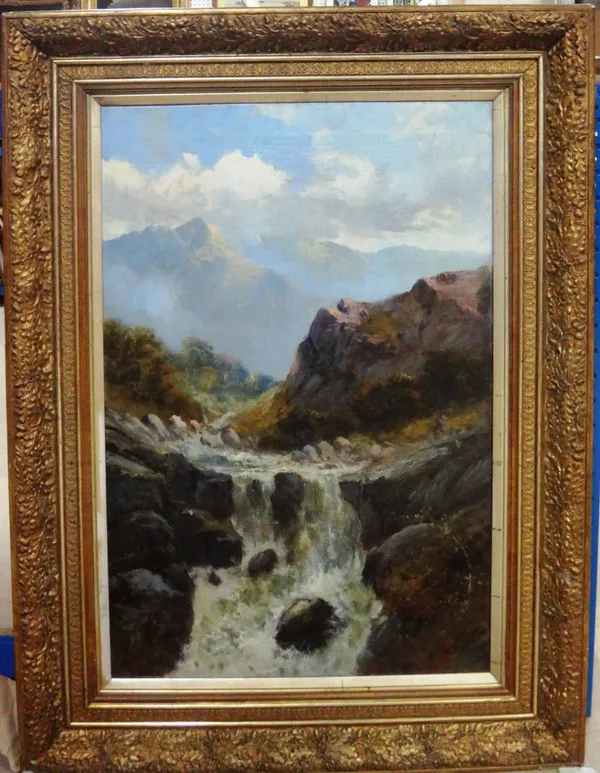 E. J. Bertholme (19th/20th century) A mountain waterfall, oil on canvas, signed, 75cm x 50cm.