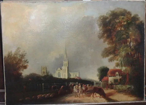 English School (19th century), Cattle passing through a toll gate, a cathedral, possibly Salisbury beyond, oil on canvas, unframed, 40cm x 56cm.