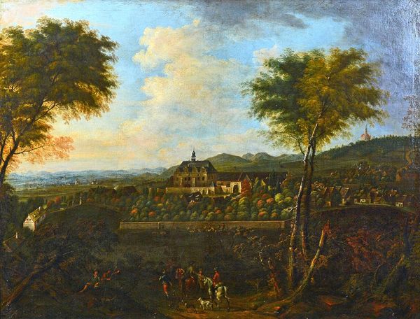 Circle of Johann Alexander Thiele, Landscape with hawking party, oil on canvas, 88cm x 116cm.  Illustrated