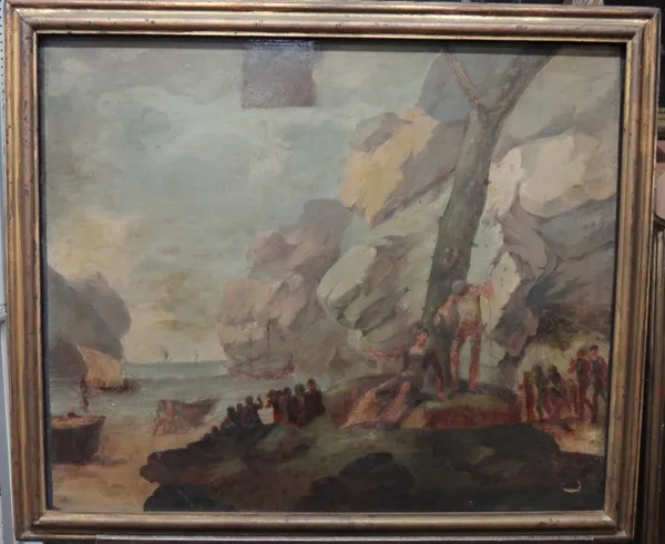 Italian School (18th/19th century), A rocky cove with figures and vessels, oil on canvas, 63cm x 76cm.