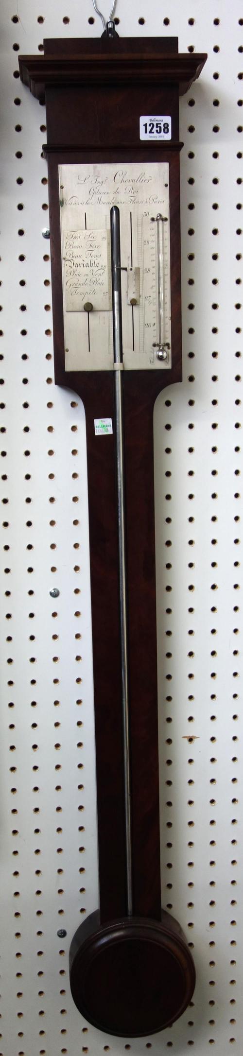 A Directoire mahogany barometer by Chevallier, Paris, the case with a later moulded pediment above the silvered dial, signed 'L'Ingr Chevallier / Opti