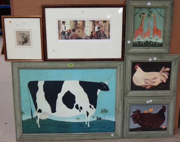 A group of 20th century prints and reproductions, mainly animal subjects, including four after Warren Kimble, one after Cecil Aldin, two etchings of p