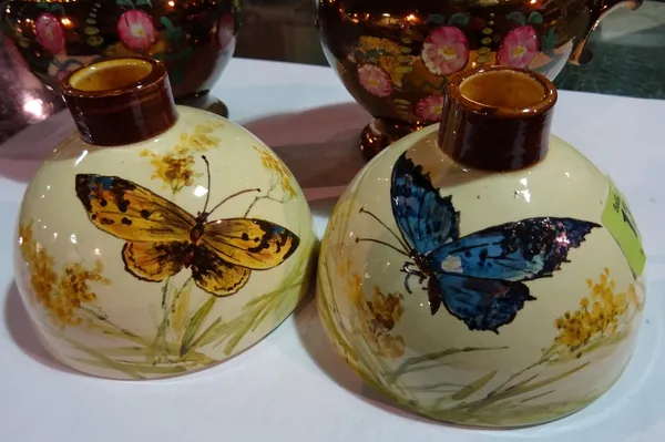A pair of earthenware vases designed by Christopher Dresser, possibly Ault Pottery, late 19th/early 20th century, each of domed form, decorated  with