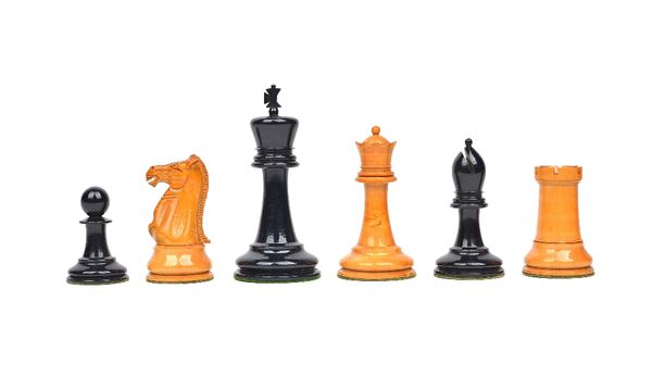 A Jaques 'Staunton' stained wooden chess set, early 20th century, with loaded circular bases, the white king stamped 'Jaques London', 11cm high (a.f),