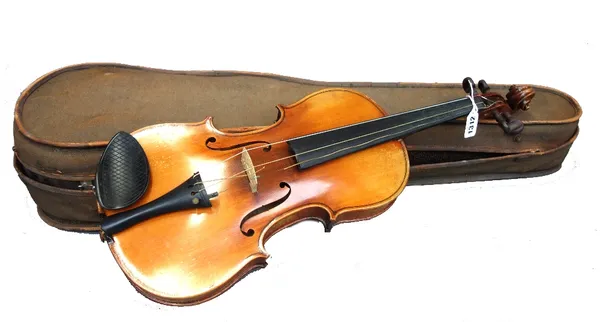 A violin, 20th century, lacking interior, label, the two piece back measuring 14 inches, with two bows and a hard case.