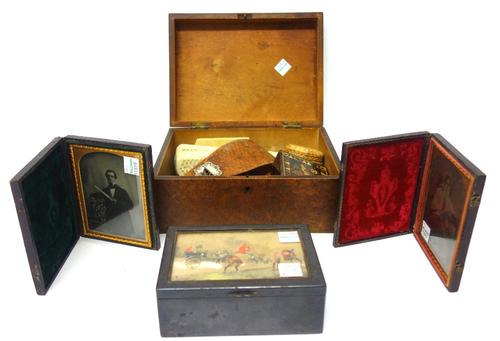 A quantity of small collectables including; a mother of pearl aide- memoire, a carved bone stanhope, mother of pearl belt buckles, burr maple snuff bo