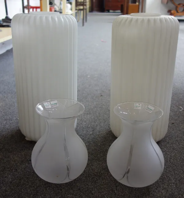 Two glass ribbed shades and another pair of glass shades, 40cm high, (4).