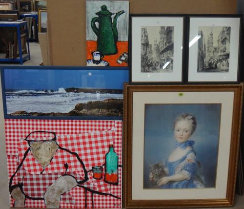 Two works by Rene Galant, a pair of lithographs of North African subjects, a photograph of Brittany and a print of a girl with a kitten after Jean-Bap